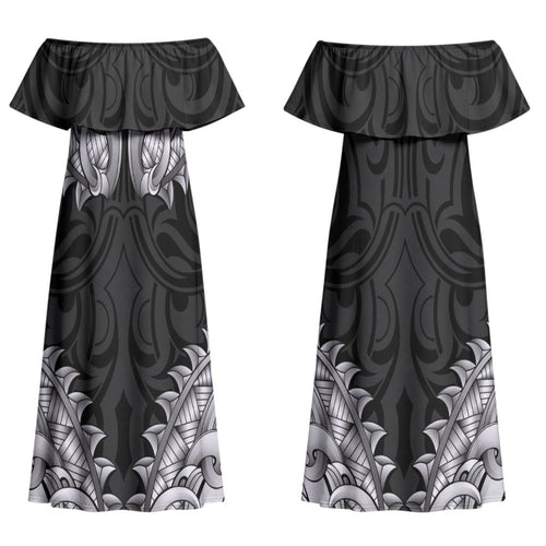 New Zealand Ta Moko Family Matching Off Shoulder Maxi Dress and Hawaiian Shirt Aotearoa Maori Chest Tattoo Black