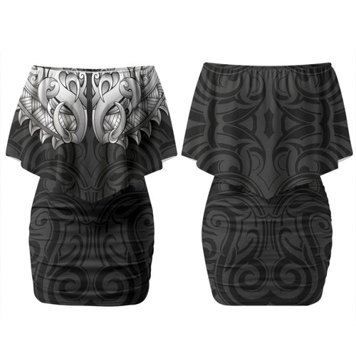 New Zealand Ta Moko Family Matching Off Shoulder Short Dress and Hawaiian Shirt Aotearoa Maori Chest Tattoo Black