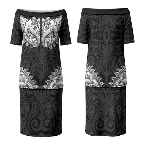 New Zealand Ta Moko Family Matching Puletasi and Hawaiian Shirt Aotearoa Maori Chest Tattoo Black