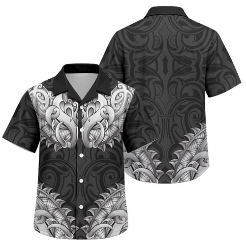 New Zealand Ta Moko Family Matching Short Sleeve Bodycon Dress and Hawaiian Shirt Aotearoa Maori Chest Tattoo Black