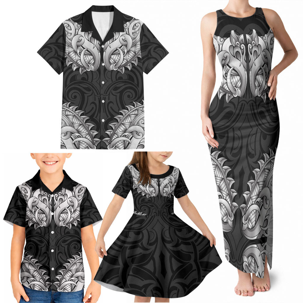 New Zealand Ta Moko Family Matching Tank Maxi Dress and Hawaiian Shirt Aotearoa Maori Chest Tattoo Black