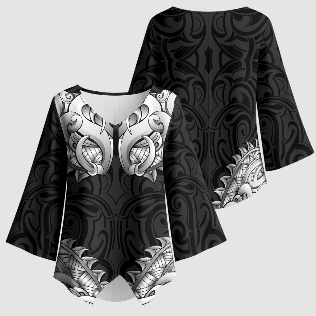 New Zealand Ta Moko Kimono Sleeve Blouse Aotearoa Maori Chest Tattoo Black