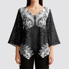 New Zealand Ta Moko Kimono Sleeve Blouse Aotearoa Maori Chest Tattoo Black