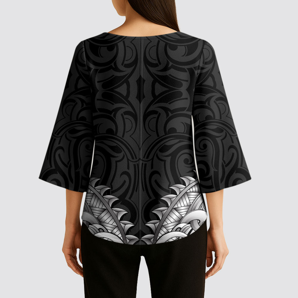 New Zealand Ta Moko Kimono Sleeve Blouse Aotearoa Maori Chest Tattoo Black