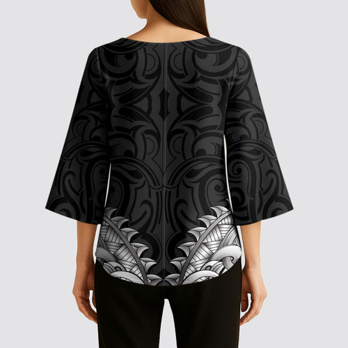 New Zealand Ta Moko Kimono Sleeve Blouse Aotearoa Maori Chest Tattoo Black