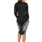 New Zealand Ta Moko Long Sleeve Bodycon Dress Aotearoa Maori Chest Tattoo Black