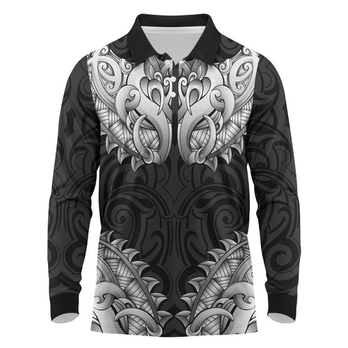 New Zealand Ta Moko Long Sleeve Polo Shirt Aotearoa Maori Chest Tattoo Black