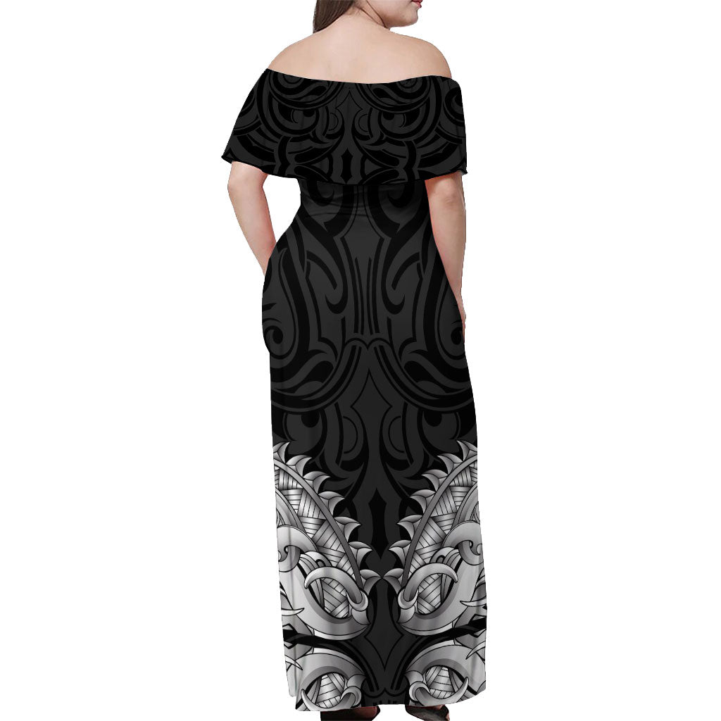 New Zealand Ta Moko Off Shoulder Maxi Dress Aotearoa Maori Chest Tattoo Black