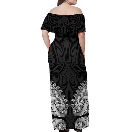 New Zealand Ta Moko Off Shoulder Maxi Dress Aotearoa Maori Chest Tattoo Black
