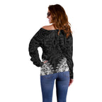 New Zealand Ta Moko Off Shoulder Sweater Aotearoa Maori Chest Tattoo Black
