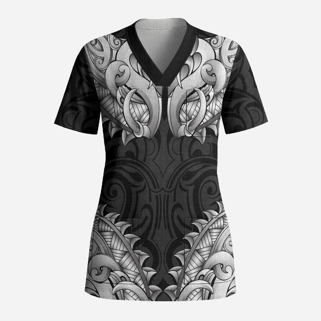 New Zealand Ta Moko Scrub Top Aotearoa Maori Chest Tattoo Black