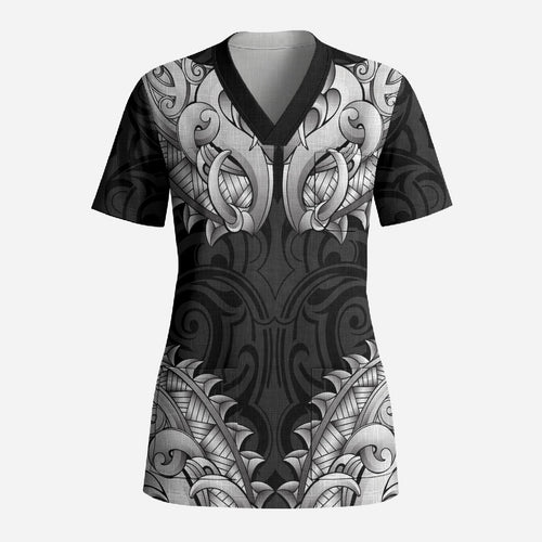 New Zealand Ta Moko Scrub Top Aotearoa Maori Chest Tattoo Black
