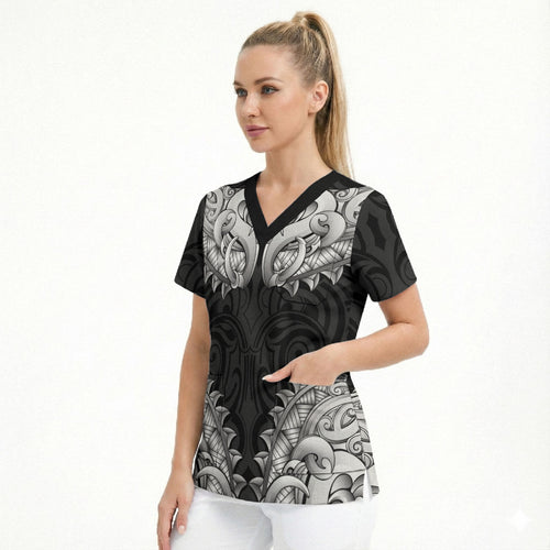 New Zealand Ta Moko Scrub Top Aotearoa Maori Chest Tattoo Black