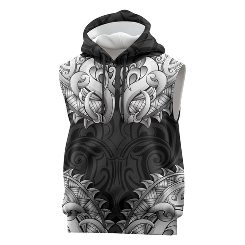 New Zealand Ta Moko Sleeveless Hoodie Aotearoa Maori Chest Tattoo Black