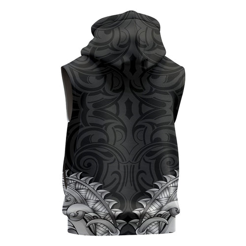 New Zealand Ta Moko Sleeveless Hoodie Aotearoa Maori Chest Tattoo Black