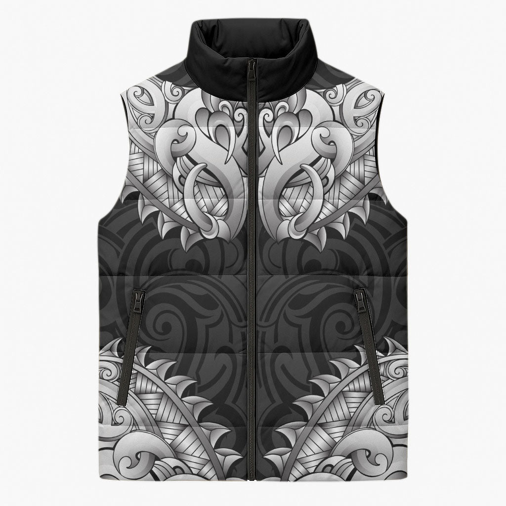New Zealand Ta Moko Sleeveless Puffer Jacket Aotearoa Maori Chest Tattoo Black
