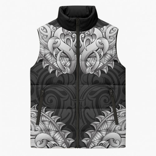 New Zealand Ta Moko Sleeveless Puffer Jacket Aotearoa Maori Chest Tattoo Black