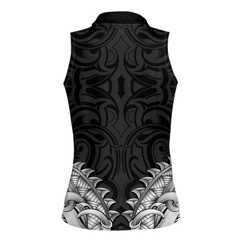New Zealand Ta Moko Women Sleeveless Polo Shirt Aotearoa Maori Chest Tattoo Black