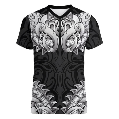 New Zealand Ta Moko Women V-Neck T-Shirt Aotearoa Maori Chest Tattoo Black