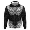 New Zealand Ta Moko Zip Hoodie Aotearoa Maori Chest Tattoo Black