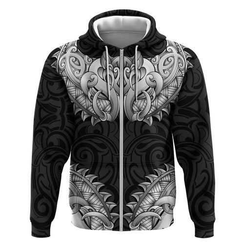 New Zealand Ta Moko Zip Hoodie Aotearoa Maori Chest Tattoo Black