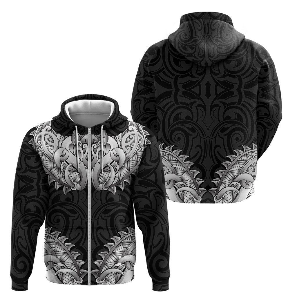 New Zealand Ta Moko Zip Hoodie Aotearoa Maori Chest Tattoo Black