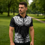 New Zealand Ta Moko Zipper Polo Shirt Aotearoa Maori Chest Tattoo Black