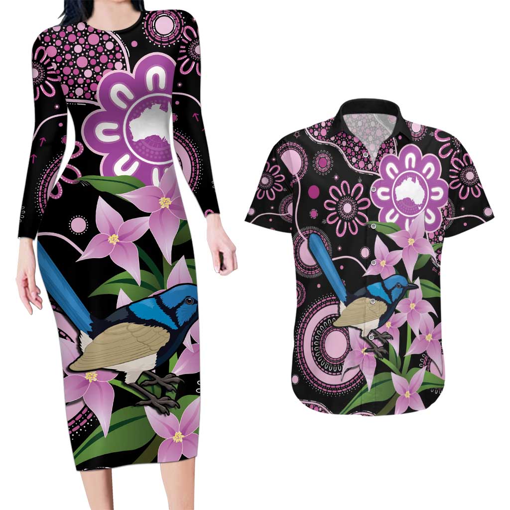 Personalised Australia Boronia And Malurus Cyaneus Couples Matching Long Sleeve Bodycon Dress and Hawaiian Shirt Aboriginal Art