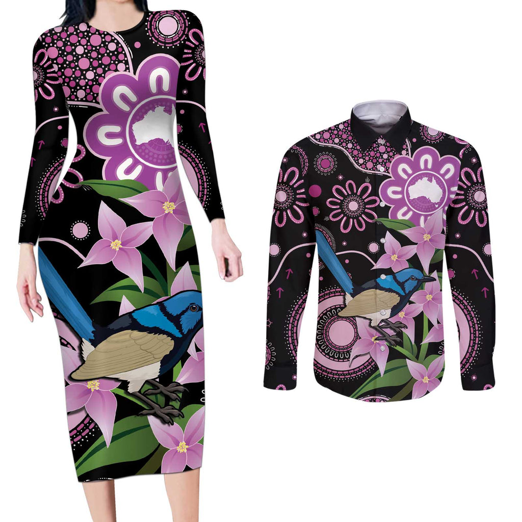 Personalised Australia Boronia And Malurus Cyaneus Couples Matching Long Sleeve Bodycon Dress and Long Sleeve Button Shirt Aboriginal Art