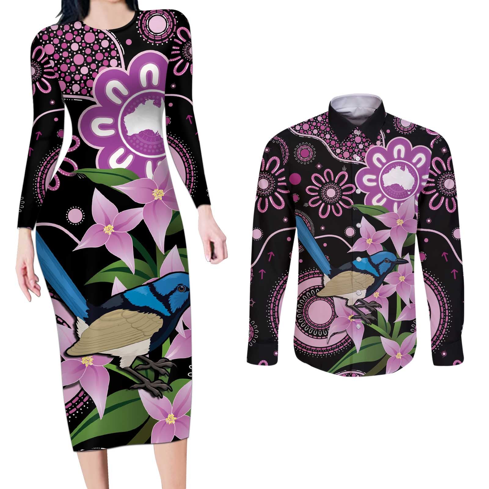 Personalised Australia Boronia And Malurus Cyaneus Couples Matching Long Sleeve Bodycon Dress and Long Sleeve Button Shirt Aboriginal Art
