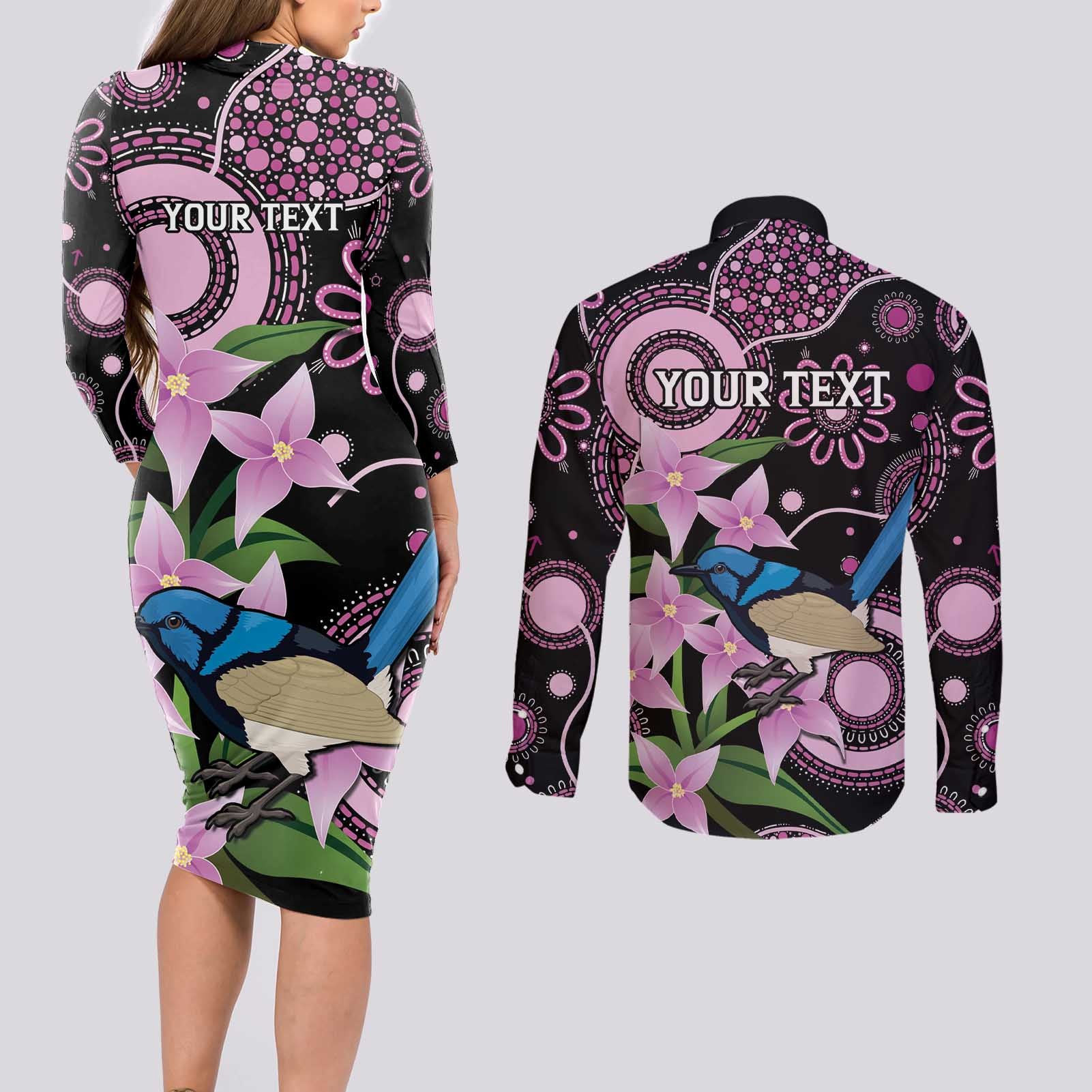 Personalised Australia Boronia And Malurus Cyaneus Couples Matching Long Sleeve Bodycon Dress and Long Sleeve Button Shirt Aboriginal Art