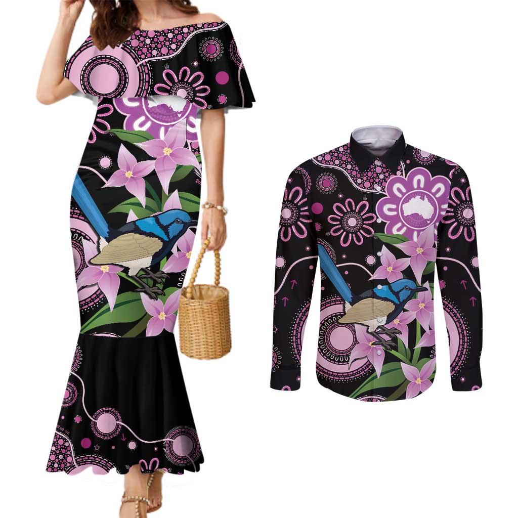 Personalised Australia Boronia And Malurus Cyaneus Couples Matching Mermaid Dress and Long Sleeve Button Shirt Aboriginal Art