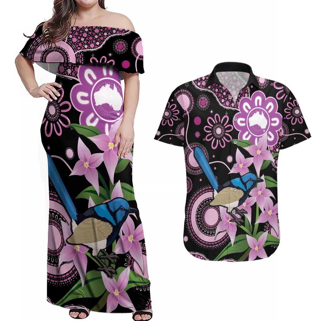 Personalised Australia Boronia And Malurus Cyaneus Couples Matching Off Shoulder Maxi Dress and Hawaiian Shirt Aboriginal Art