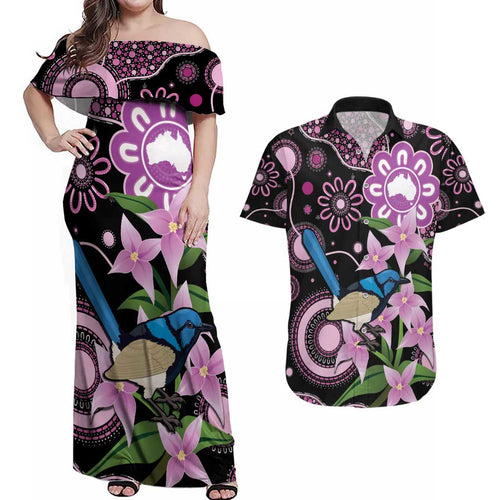 Personalised Australia Boronia And Malurus Cyaneus Couples Matching Off Shoulder Maxi Dress and Hawaiian Shirt Aboriginal Art