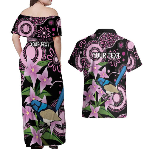 Personalised Australia Boronia And Malurus Cyaneus Couples Matching Off Shoulder Maxi Dress and Hawaiian Shirt Aboriginal Art