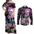 Personalised Australia Boronia And Malurus Cyaneus Couples Matching Off Shoulder Maxi Dress and Long Sleeve Button Shirt Aboriginal Art