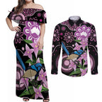 Personalised Australia Boronia And Malurus Cyaneus Couples Matching Off Shoulder Maxi Dress and Long Sleeve Button Shirt Aboriginal Art