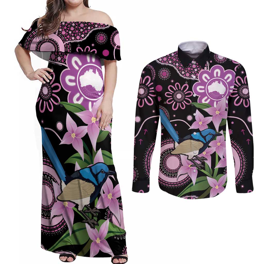 Personalised Australia Boronia And Malurus Cyaneus Couples Matching Off Shoulder Maxi Dress and Long Sleeve Button Shirt Aboriginal Art