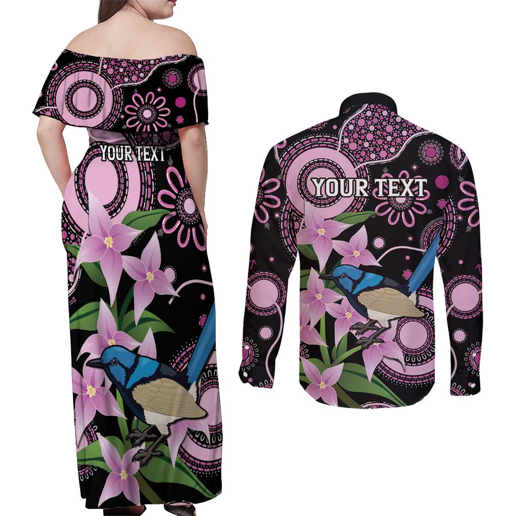 Personalised Australia Boronia And Malurus Cyaneus Couples Matching Off Shoulder Maxi Dress and Long Sleeve Button Shirt Aboriginal Art