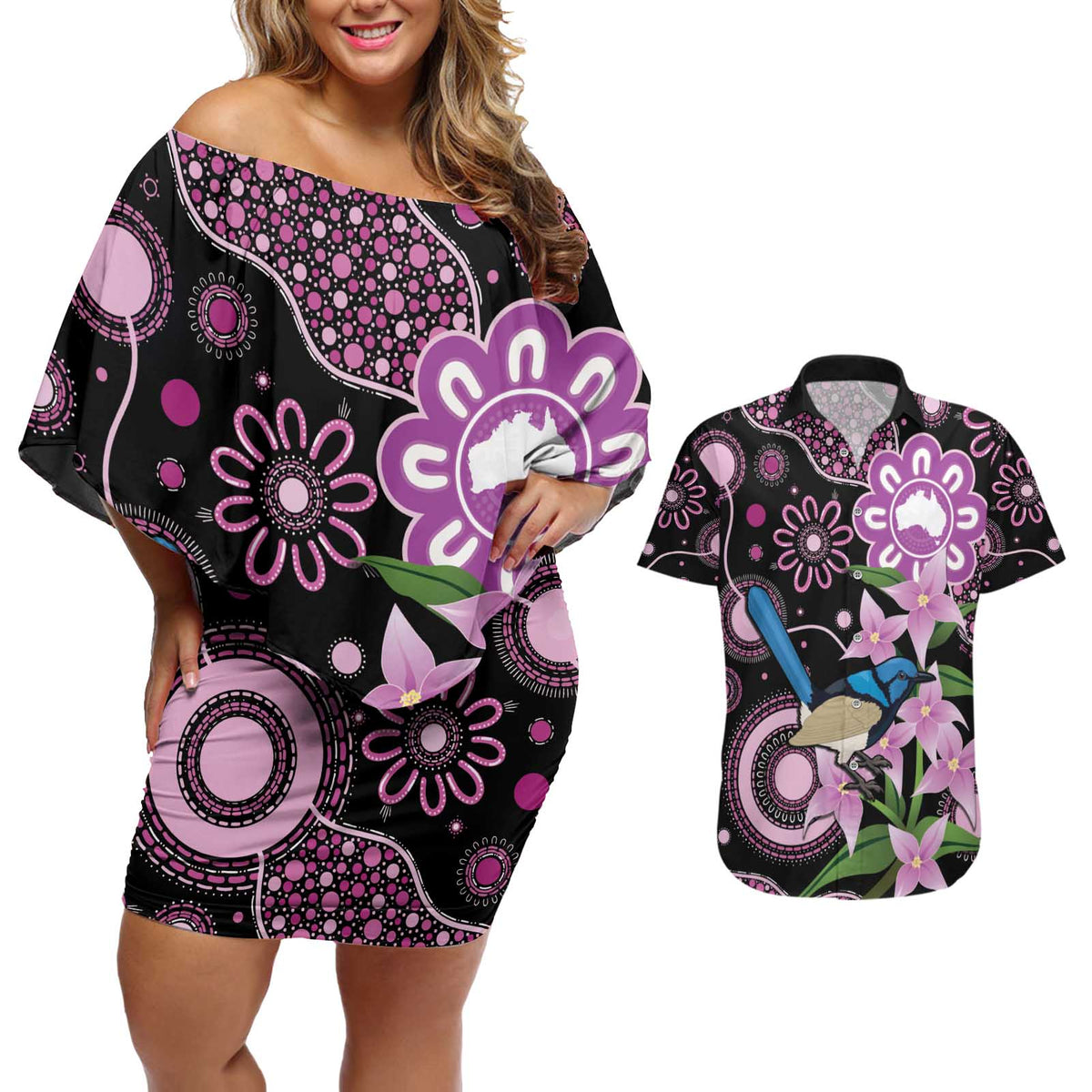 Personalised Australia Boronia And Malurus Cyaneus Couples Matching Off Shoulder Short Dress and Hawaiian Shirt Aboriginal Art