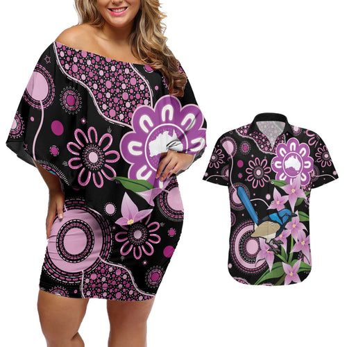 Personalised Australia Boronia And Malurus Cyaneus Couples Matching Off Shoulder Short Dress and Hawaiian Shirt Aboriginal Art