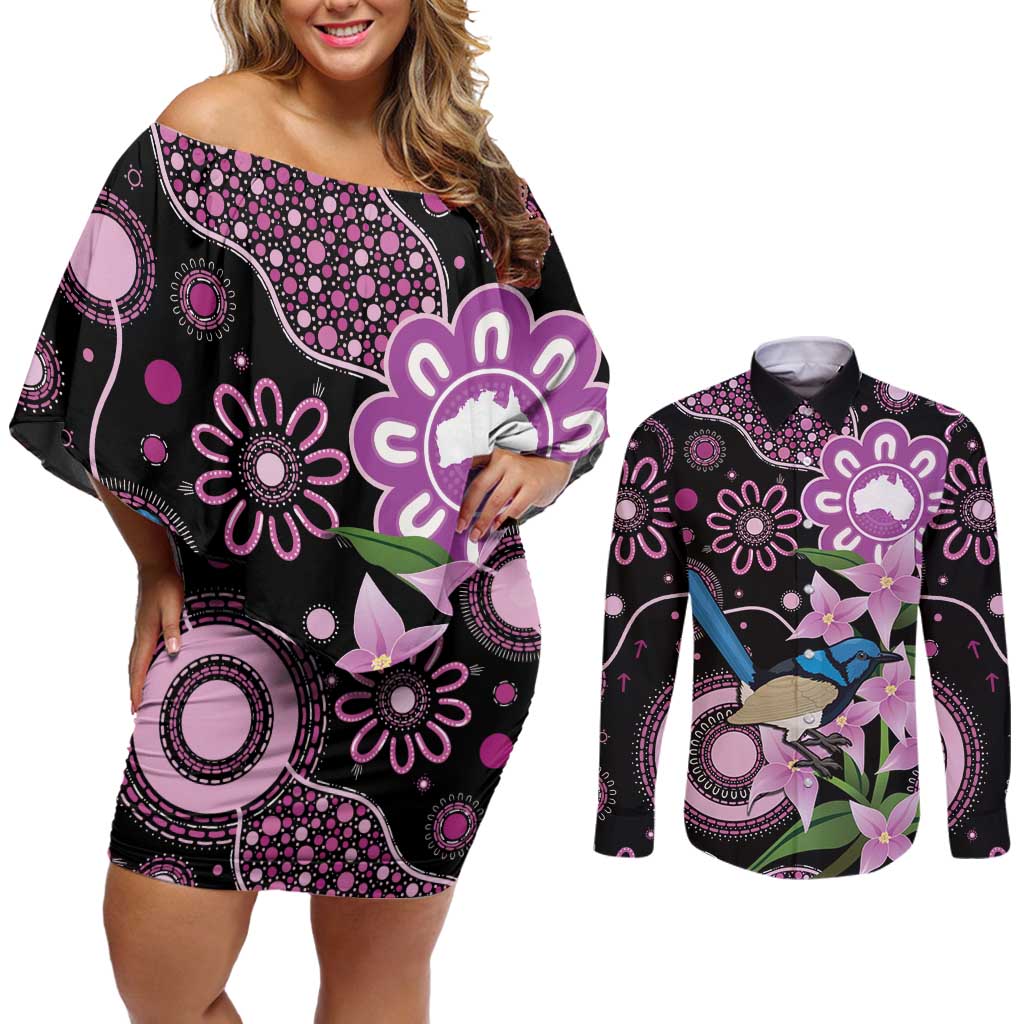 Personalised Australia Boronia And Malurus Cyaneus Couples Matching Off Shoulder Short Dress and Long Sleeve Button Shirt Aboriginal Art