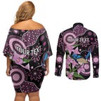 Personalised Australia Boronia And Malurus Cyaneus Couples Matching Off Shoulder Short Dress and Long Sleeve Button Shirt Aboriginal Art