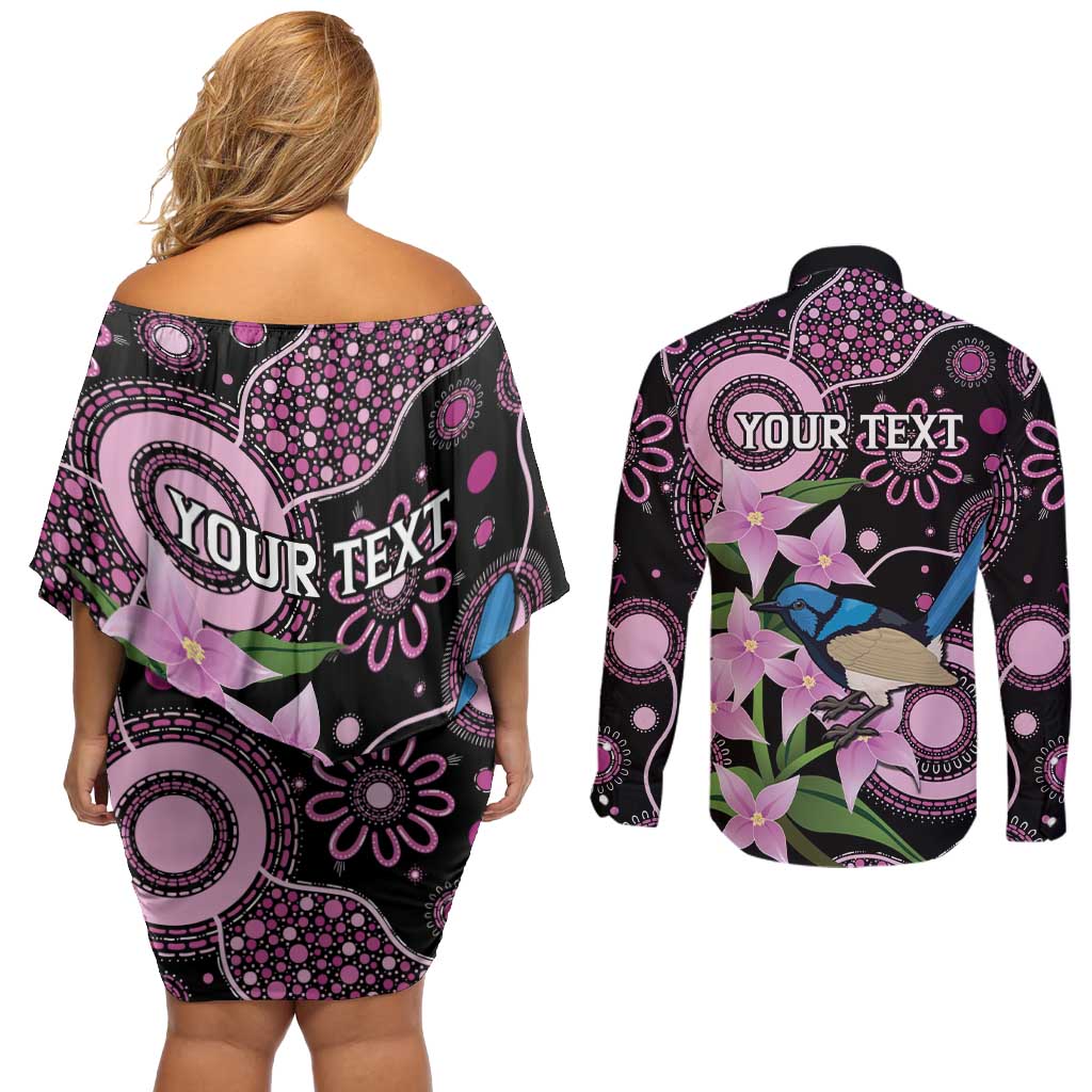 Personalised Australia Boronia And Malurus Cyaneus Couples Matching Off Shoulder Short Dress and Long Sleeve Button Shirt Aboriginal Art
