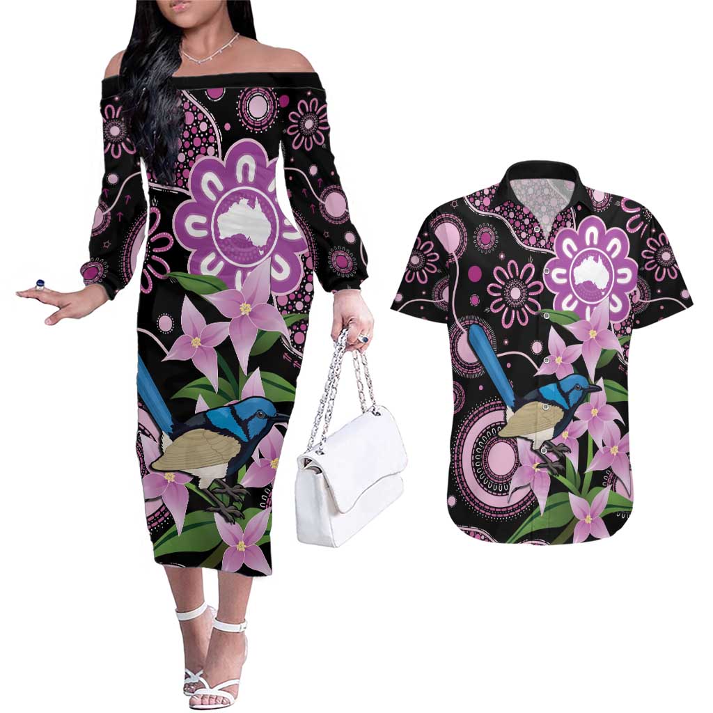 Personalised Australia Boronia And Malurus Cyaneus Couples Matching Off The Shoulder Long Sleeve Dress and Hawaiian Shirt Aboriginal Art