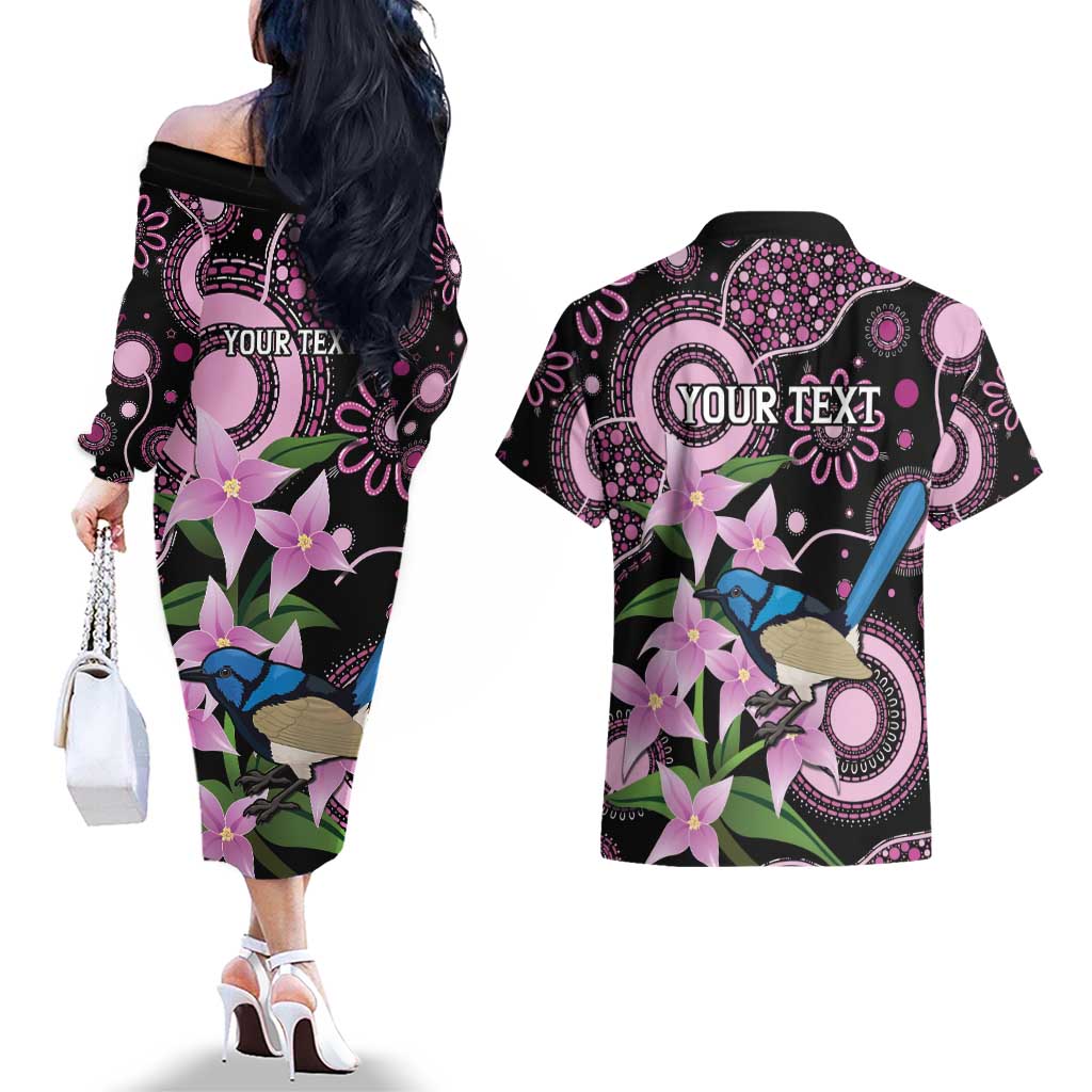 Personalised Australia Boronia And Malurus Cyaneus Couples Matching Off The Shoulder Long Sleeve Dress and Hawaiian Shirt Aboriginal Art
