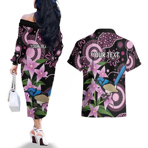 Personalised Australia Boronia And Malurus Cyaneus Couples Matching Off The Shoulder Long Sleeve Dress and Hawaiian Shirt Aboriginal Art