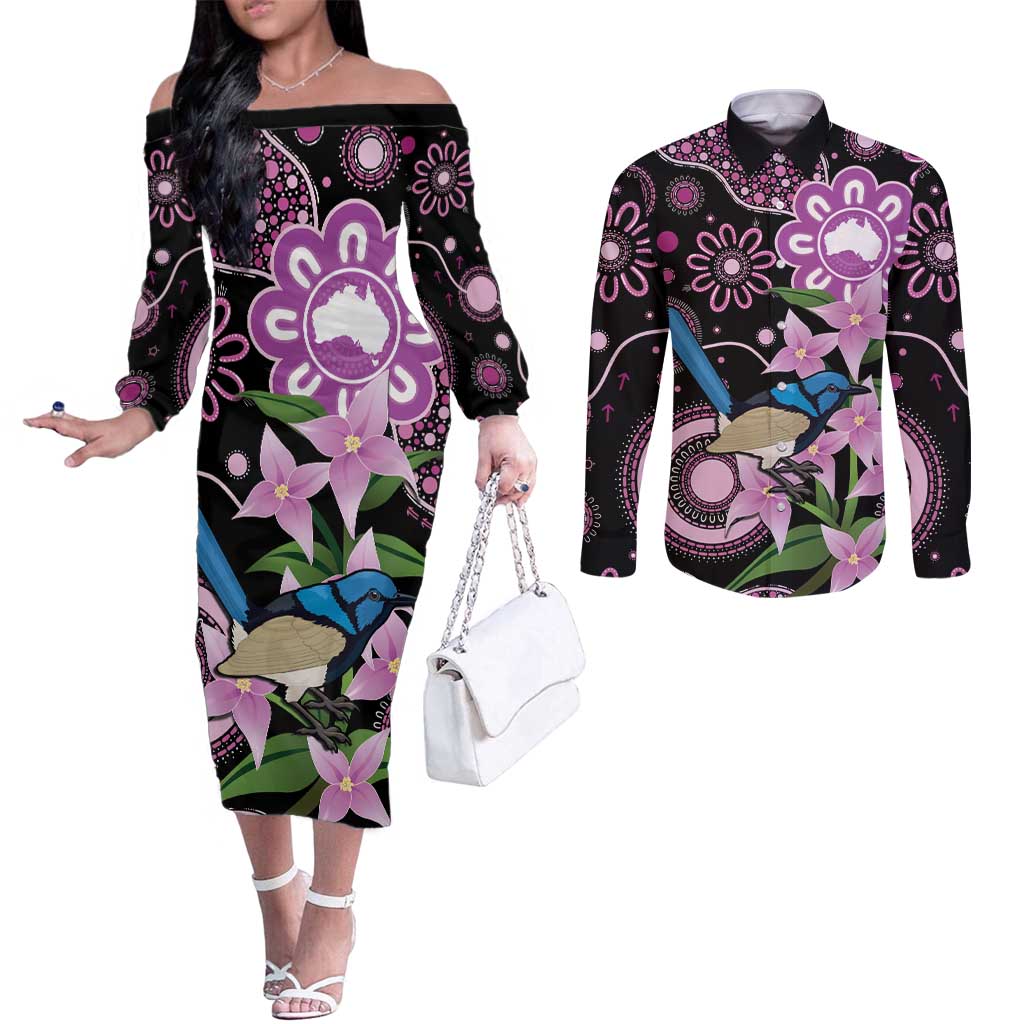 Personalised Australia Boronia And Malurus Cyaneus Couples Matching Off The Shoulder Long Sleeve Dress and Long Sleeve Button Shirt Aboriginal Art