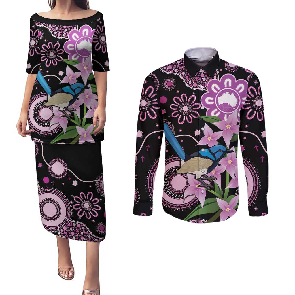 Personalised Australia Boronia And Malurus Cyaneus Couples Matching Puletasi and Long Sleeve Button Shirt Aboriginal Art