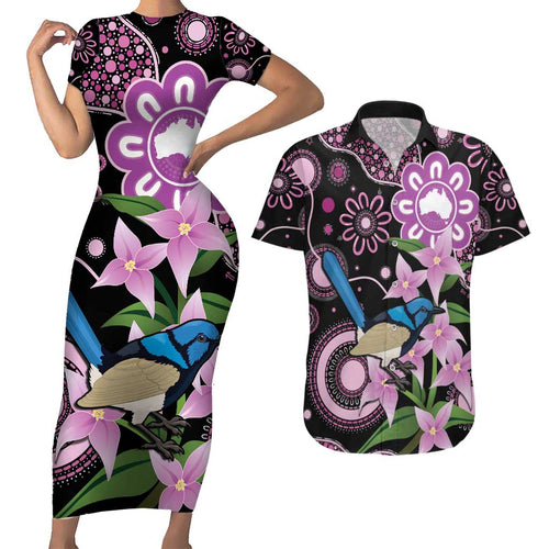 Personalised Australia Boronia And Malurus Cyaneus Couples Matching Short Sleeve Bodycon Dress and Hawaiian Shirt Aboriginal Art